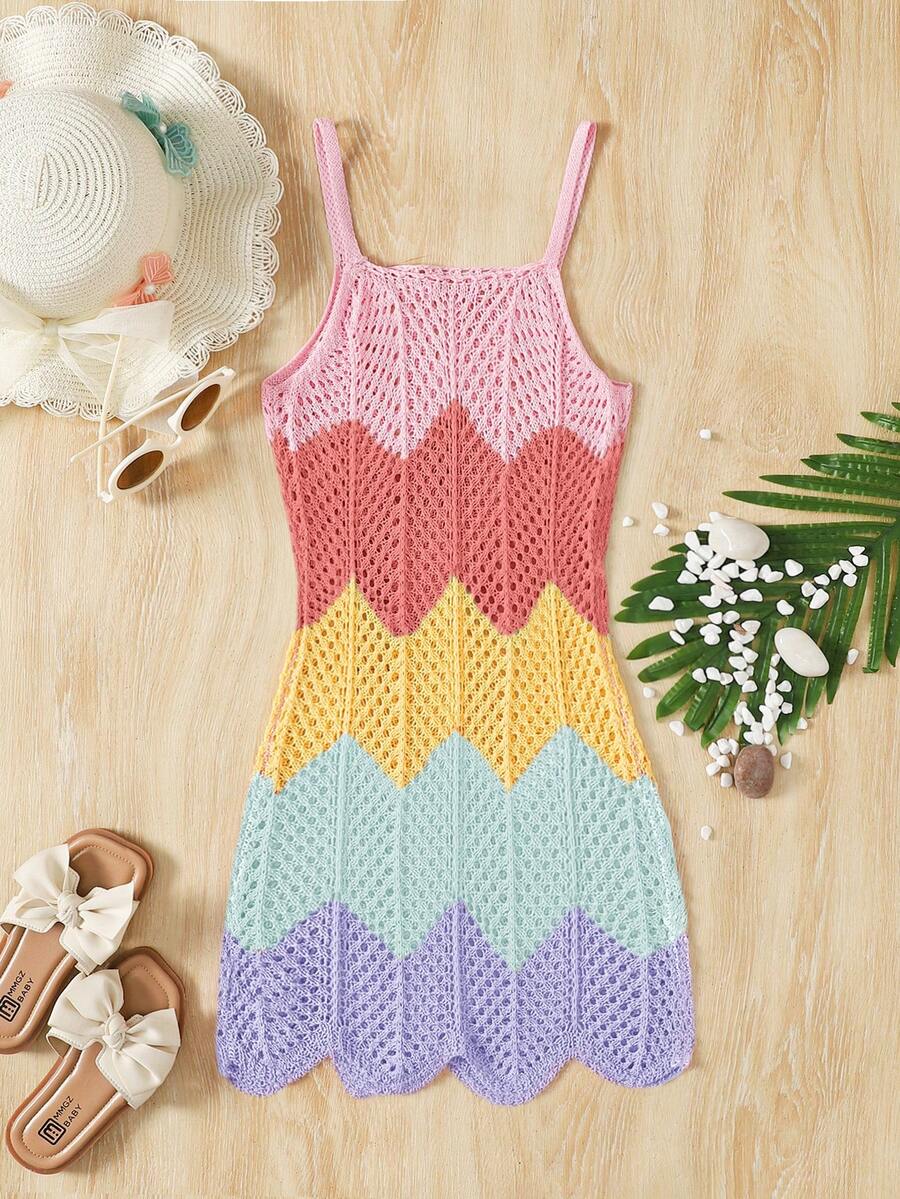 Girls' Summer Crochet Mesh Cami Dress Cover-Up, White Casual Beach Vacation Tween Girl