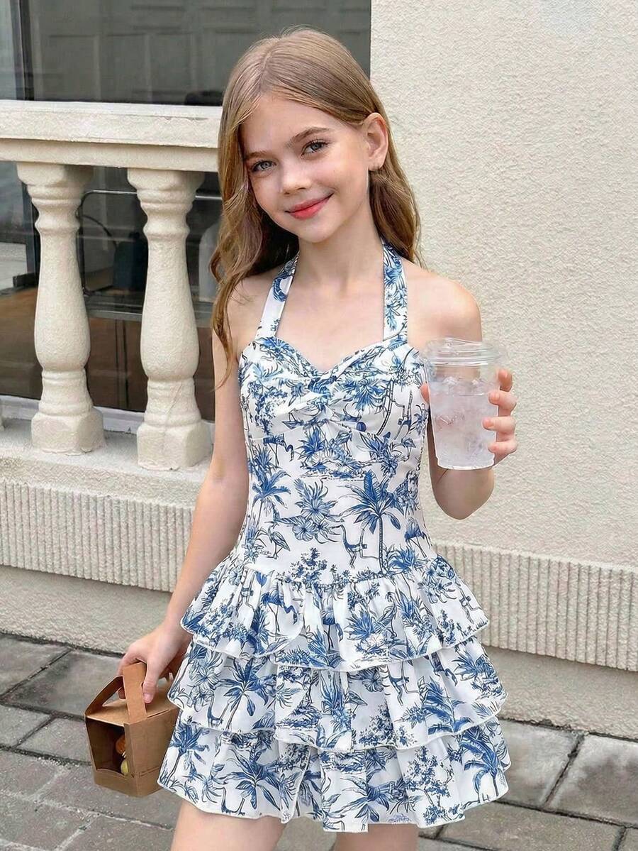 Tween girls blue and white floral halter sundress with shirred detail, sleeveless cami style, high waist, and tiered ruffle hem for vacation wear