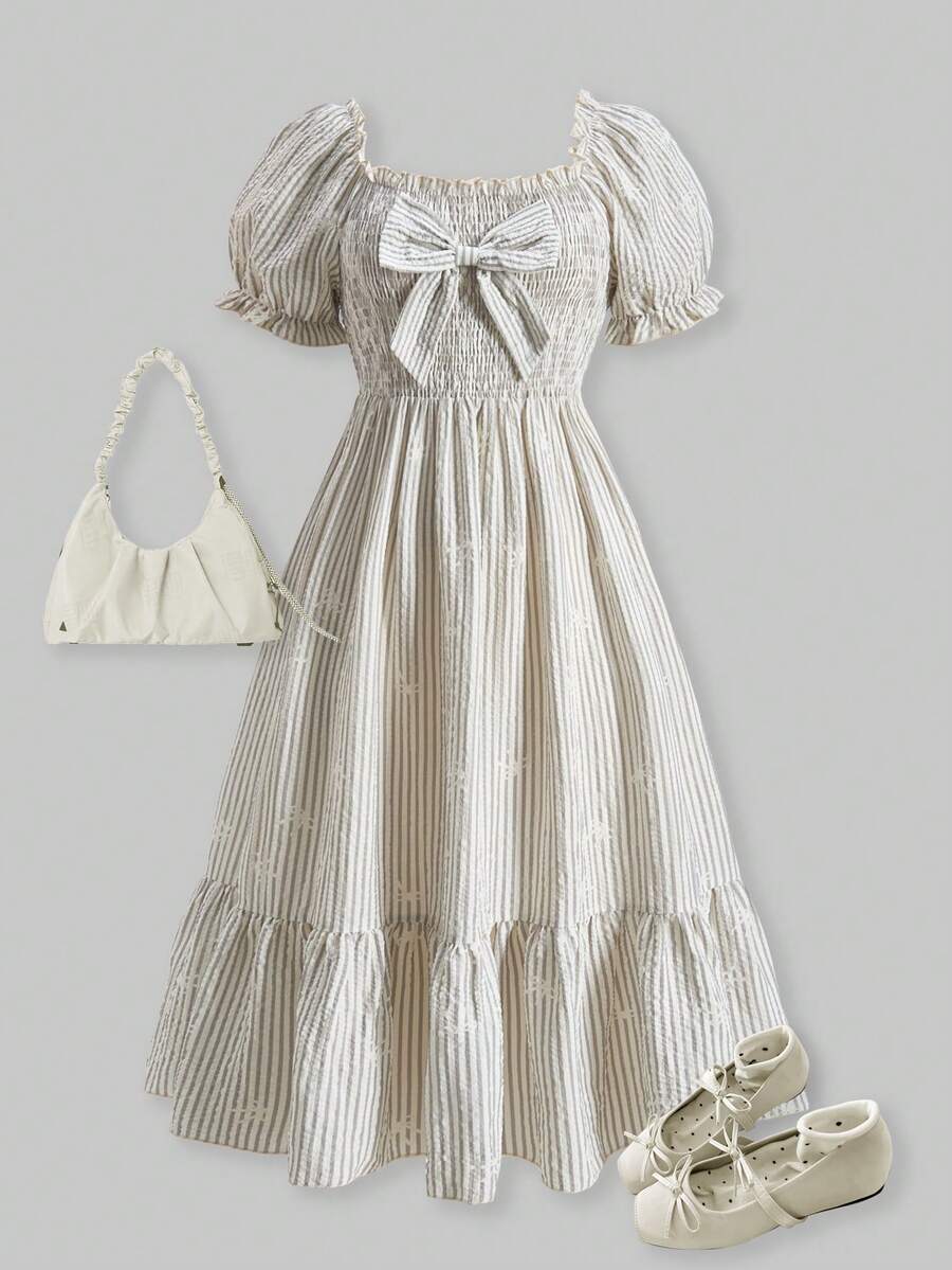 ChillGRL square neck short puff sleeve A-line long dress for teen girls featuring shirred high waist detailing and a flounce hem.