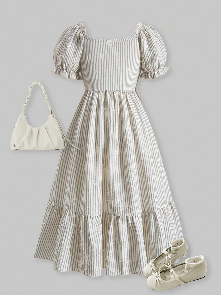ChillGRL square neck short puff sleeve A-line long dress for teen girls featuring shirred high waist detailing and a flounce hem.