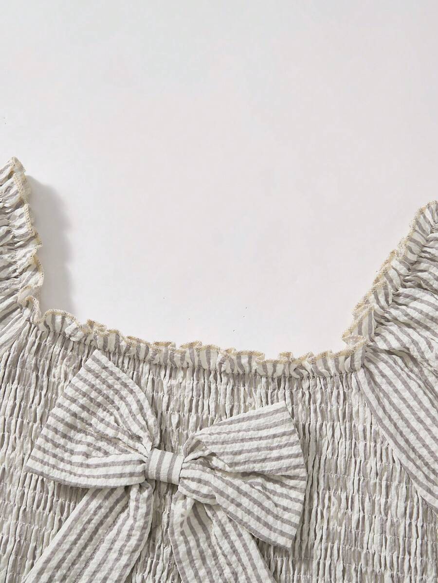 ChillGRL square neck short puff sleeve A-line long dress for teen girls featuring shirred high waist detailing and a flounce hem.