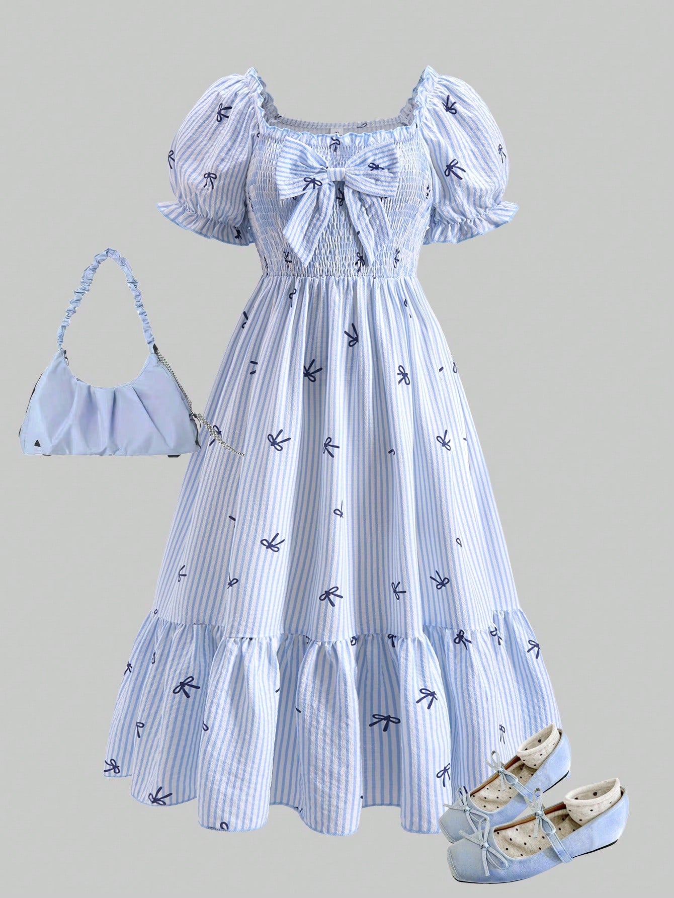 ChillGRL square neck short puff sleeve A-line long dress for teen girls featuring shirred high waist detailing and a flounce hem.