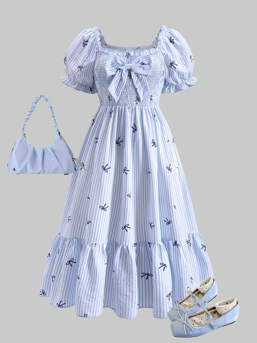 ChillGRL square neck short puff sleeve A-line long dress for teen girls featuring shirred high waist detailing and a flounce hem.