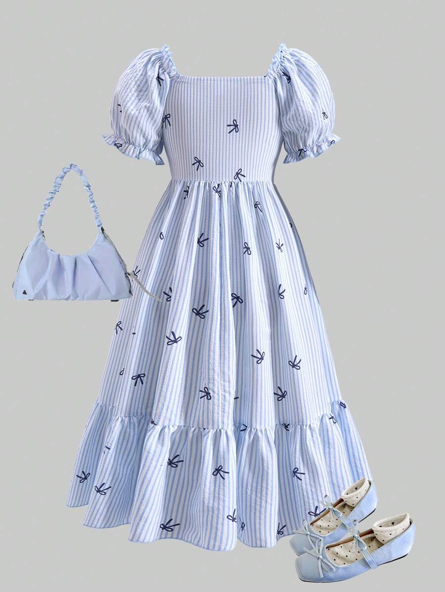 ChillGRL square neck short puff sleeve A-line long dress for teen girls featuring shirred high waist detailing and a flounce hem.
