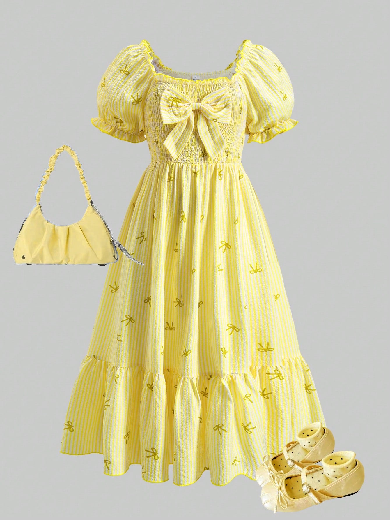 ChillGRL square neck short puff sleeve A-line long dress for teen girls featuring shirred high waist detailing and a flounce hem.