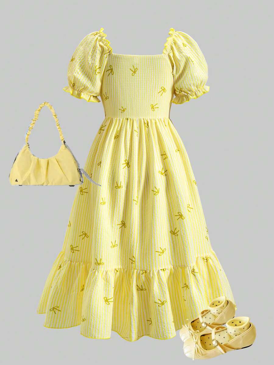ChillGRL square neck short puff sleeve A-line long dress for teen girls featuring shirred high waist detailing and a flounce hem.