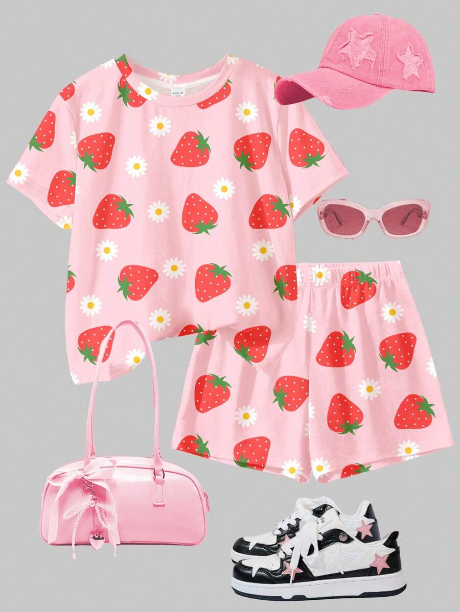 Tween girls multicolor tie-dye 2-piece outfit set featuring a drop-shoulder short-sleeve t-shirt and matching loose track shorts with side pockets.