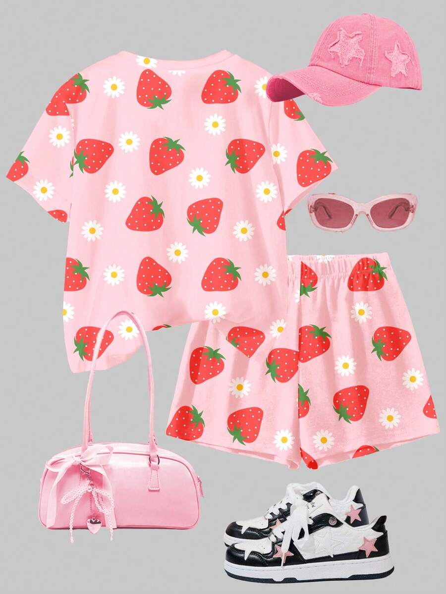 Tween girls multicolor tie-dye 2-piece outfit set featuring a drop-shoulder short-sleeve t-shirt and matching loose track shorts with side pockets.