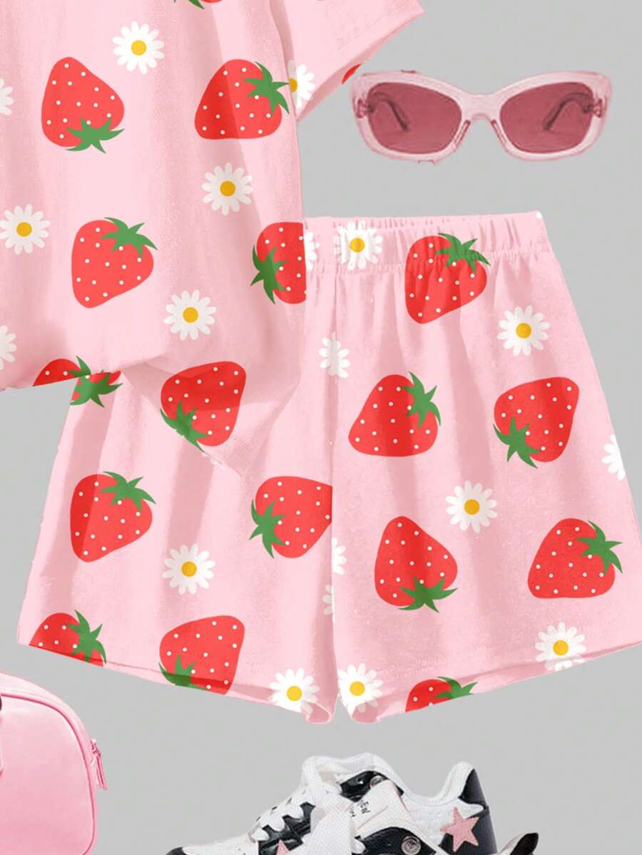 Tween girls multicolor tie-dye 2-piece outfit set featuring a drop-shoulder short-sleeve t-shirt and matching loose track shorts with side pockets.