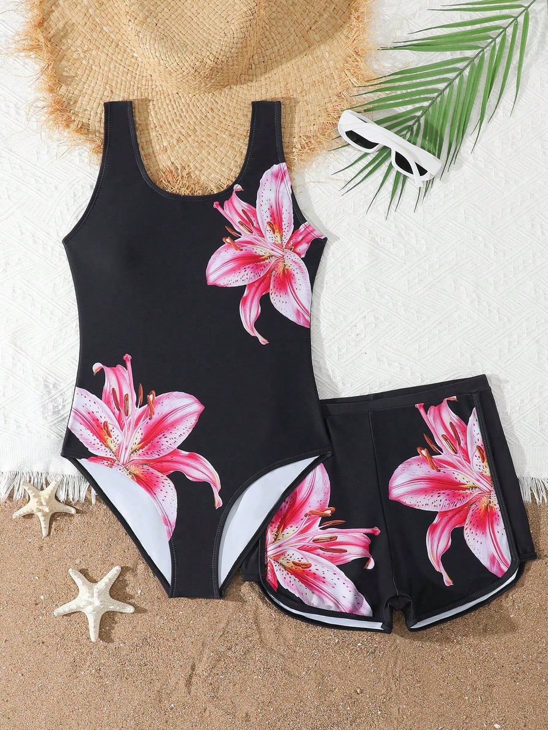 Tween Girls Cute Casual Lily Print One-Piece Swimsuit With Shorts, Suitable For Swimming, Summer Vacation, Beach, Pool