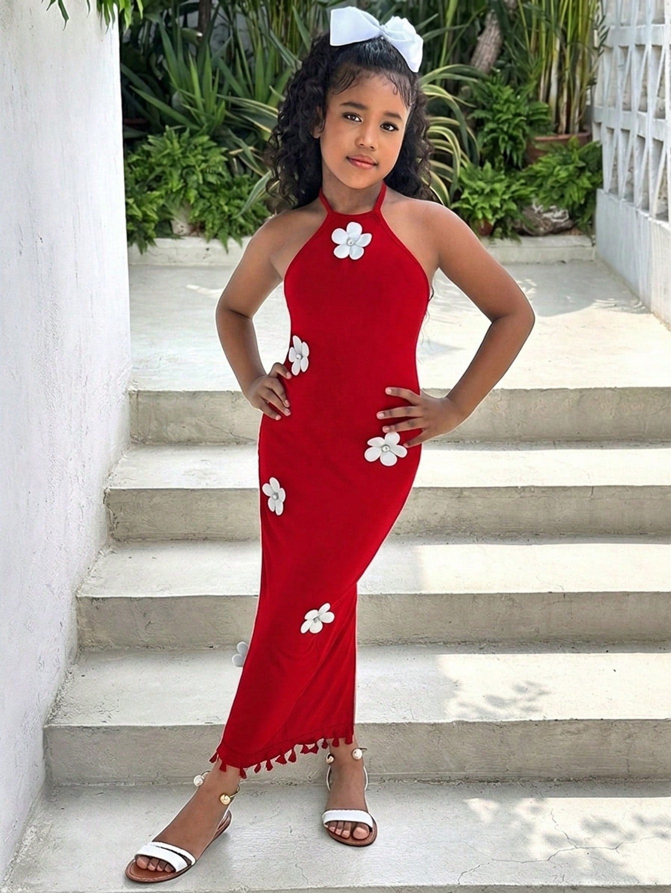 White sleeveless halter maxi dress for tween girls with slim fit, plain textured fabric, natural waist, pencil hem, and side split for summer daily wear and vacation outfits.
