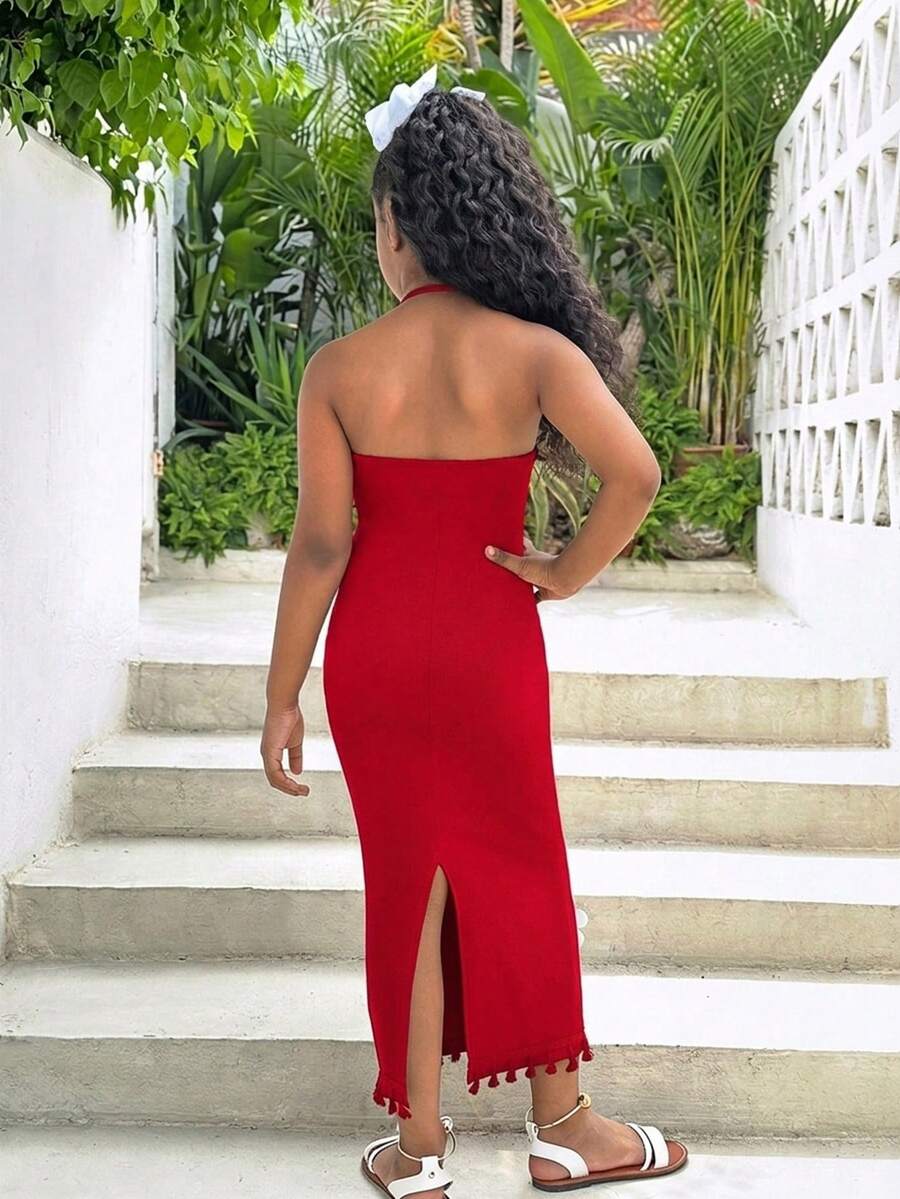 White sleeveless halter maxi dress for tween girls with slim fit, plain textured fabric, natural waist, pencil hem, and side split for summer daily wear and vacation outfits.