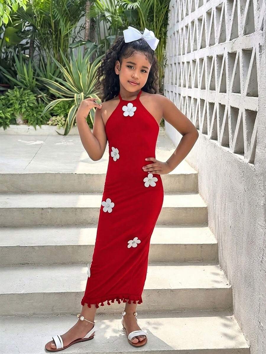 White sleeveless halter maxi dress for tween girls with slim fit, plain textured fabric, natural waist, pencil hem, and side split for summer daily wear and vacation outfits.