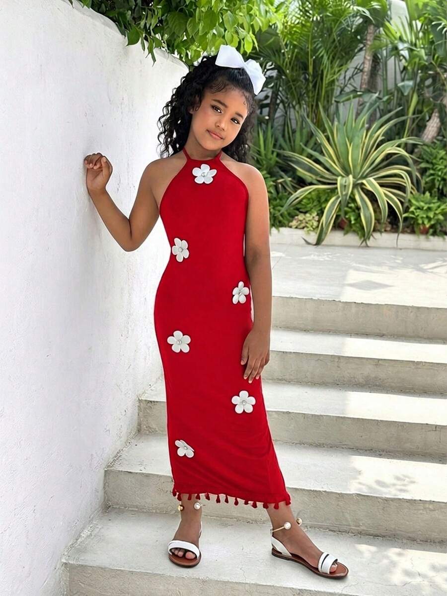White sleeveless halter maxi dress for tween girls with slim fit, plain textured fabric, natural waist, pencil hem, and side split for summer daily wear and vacation outfits.
