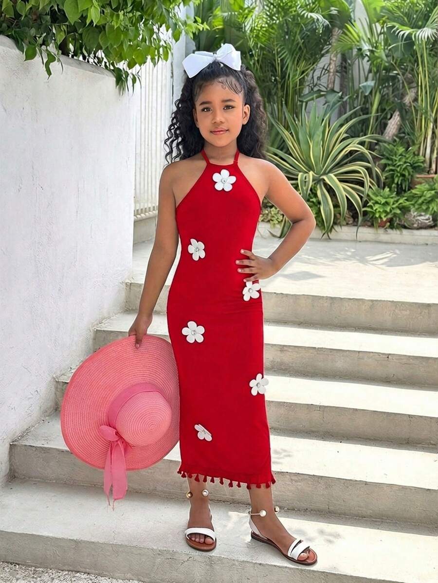 White sleeveless halter maxi dress for tween girls with slim fit, plain textured fabric, natural waist, pencil hem, and side split for summer daily wear and vacation outfits.