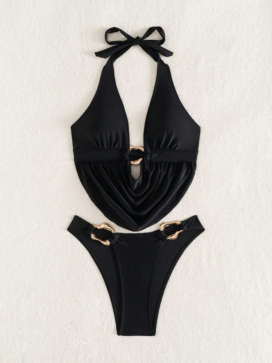 Women's 2-piece bikini set featuring a black deep V-neck lace-up crop top and high cut bikini bottom for beach and vacation wear.