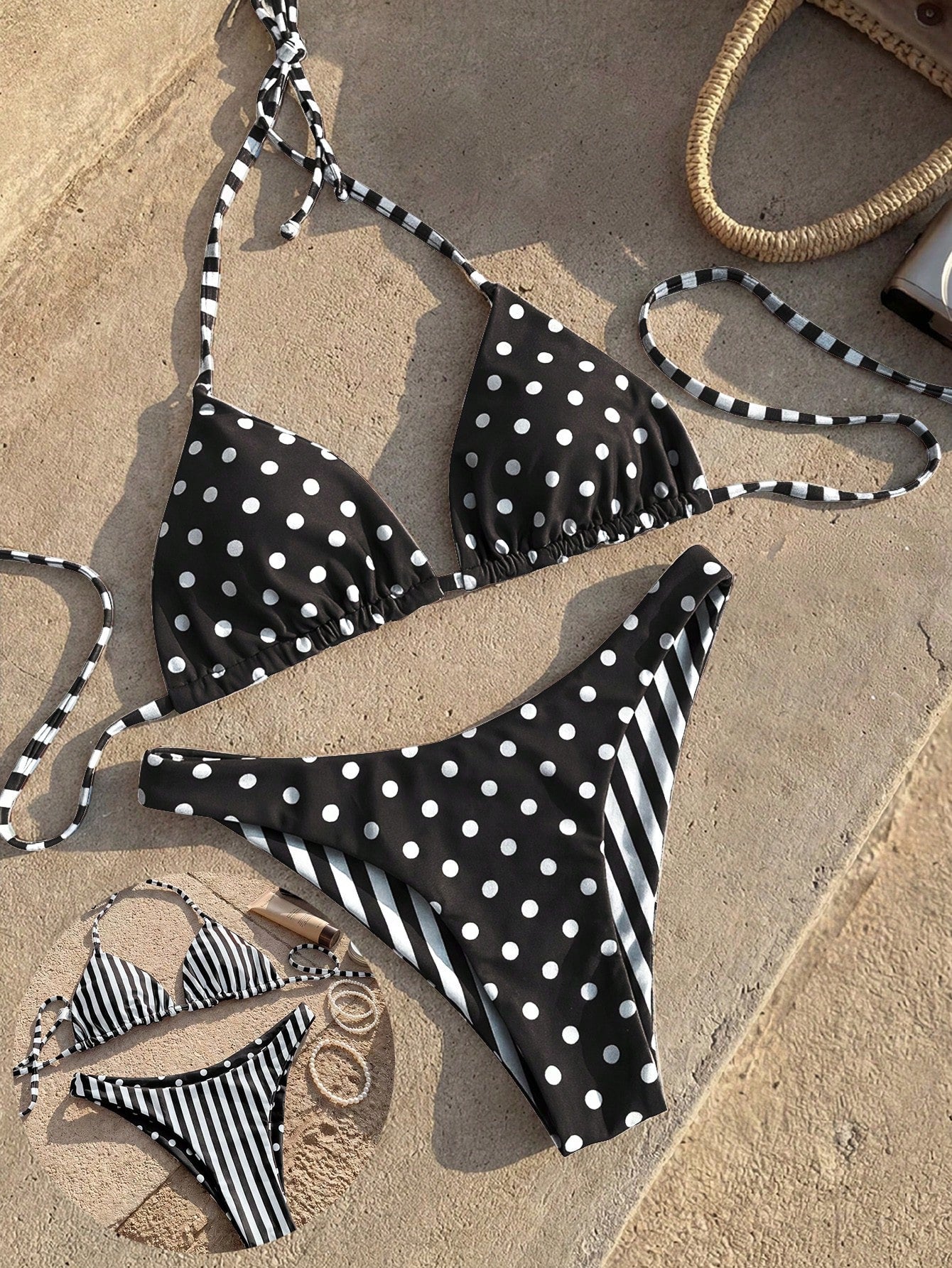Women's two-piece halter bikini set featuring high cut thong bottoms and removable padding