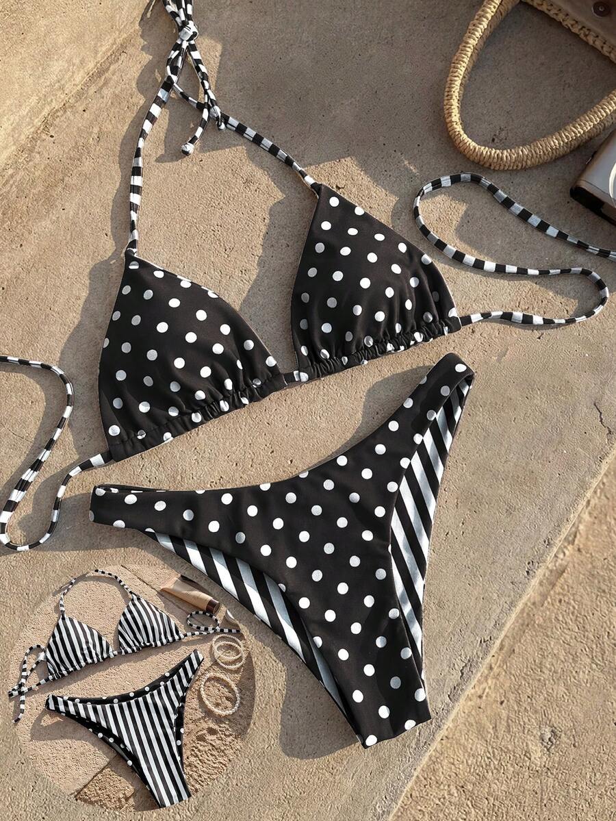 Women's two-piece halter bikini set featuring high cut thong bottoms and removable padding