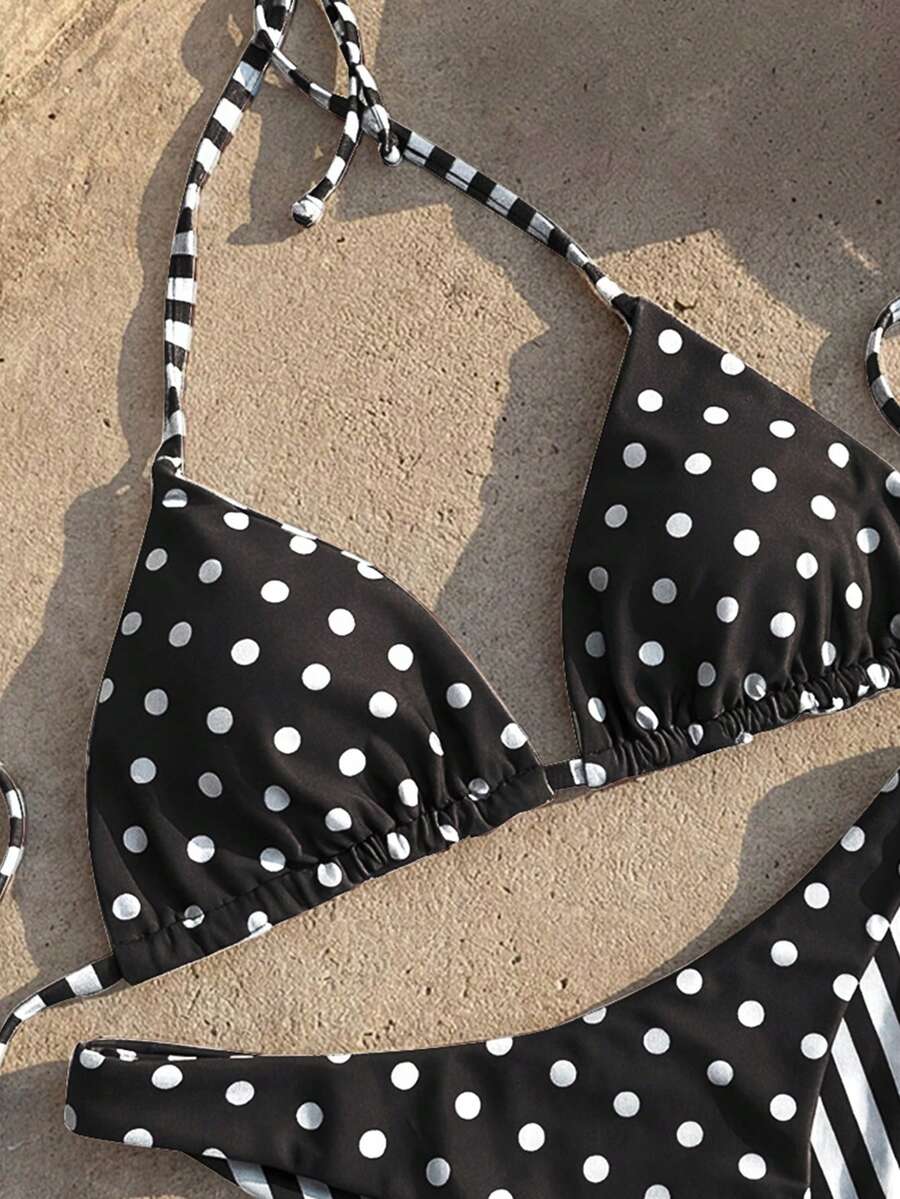 Women's two-piece halter bikini set featuring high cut thong bottoms and removable padding