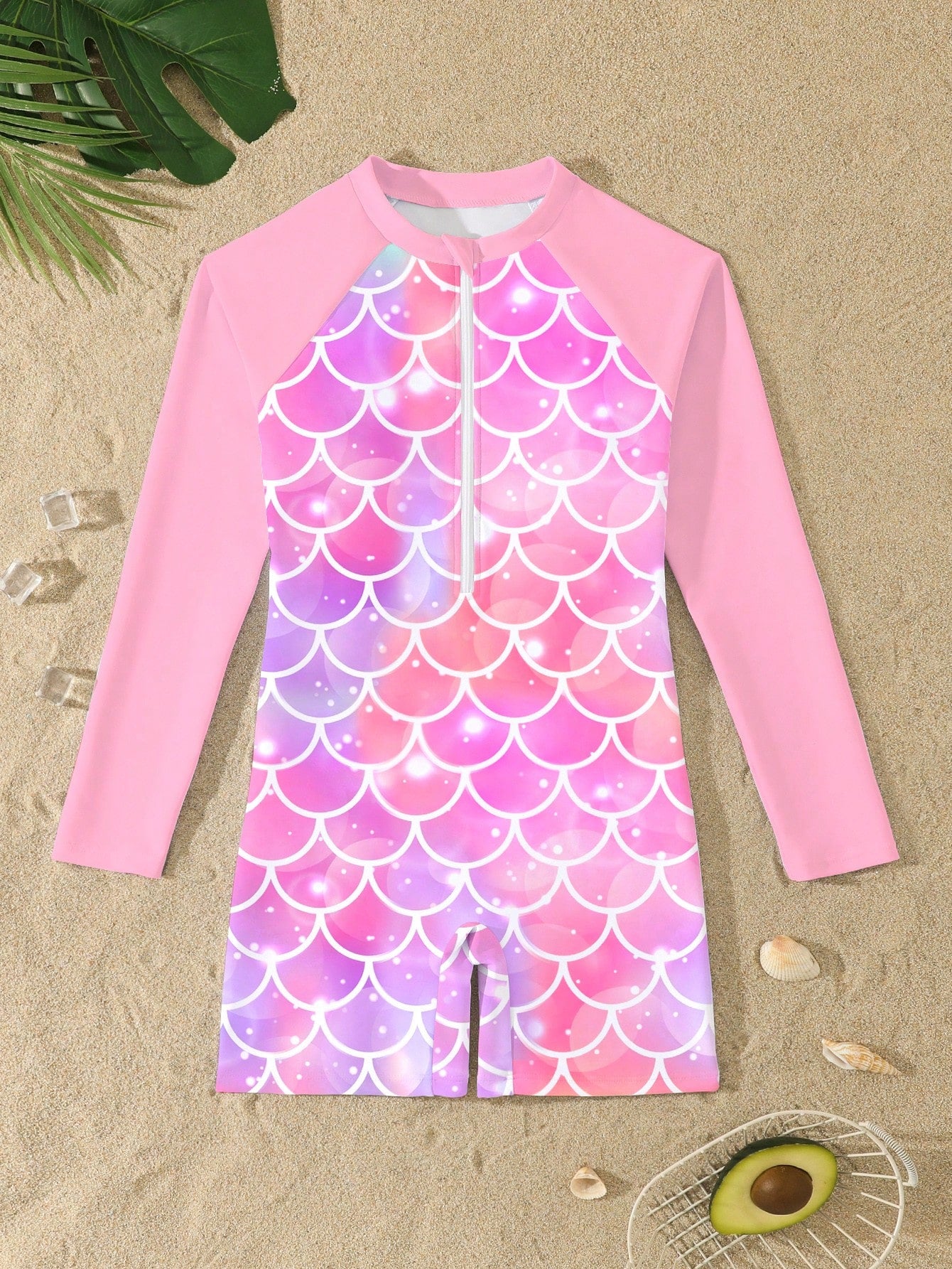 Tween girls one-piece swimsuit featuring a high neck, long sleeves, and shorts bottom, with a back zipper and strawberry plaid digital print on stretch knit fabric. Designed for swimming, vacation, and summer wear.
