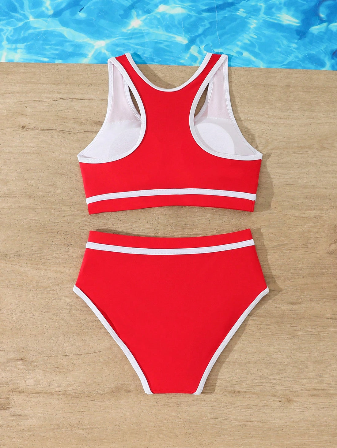 Tween Girl Blue White Striped Summer Beach Holiday Bikini Set,Contrast Trim Crisscross Back Casual Two-Piece Swimwear,High-Waisted Full Coverage,Red