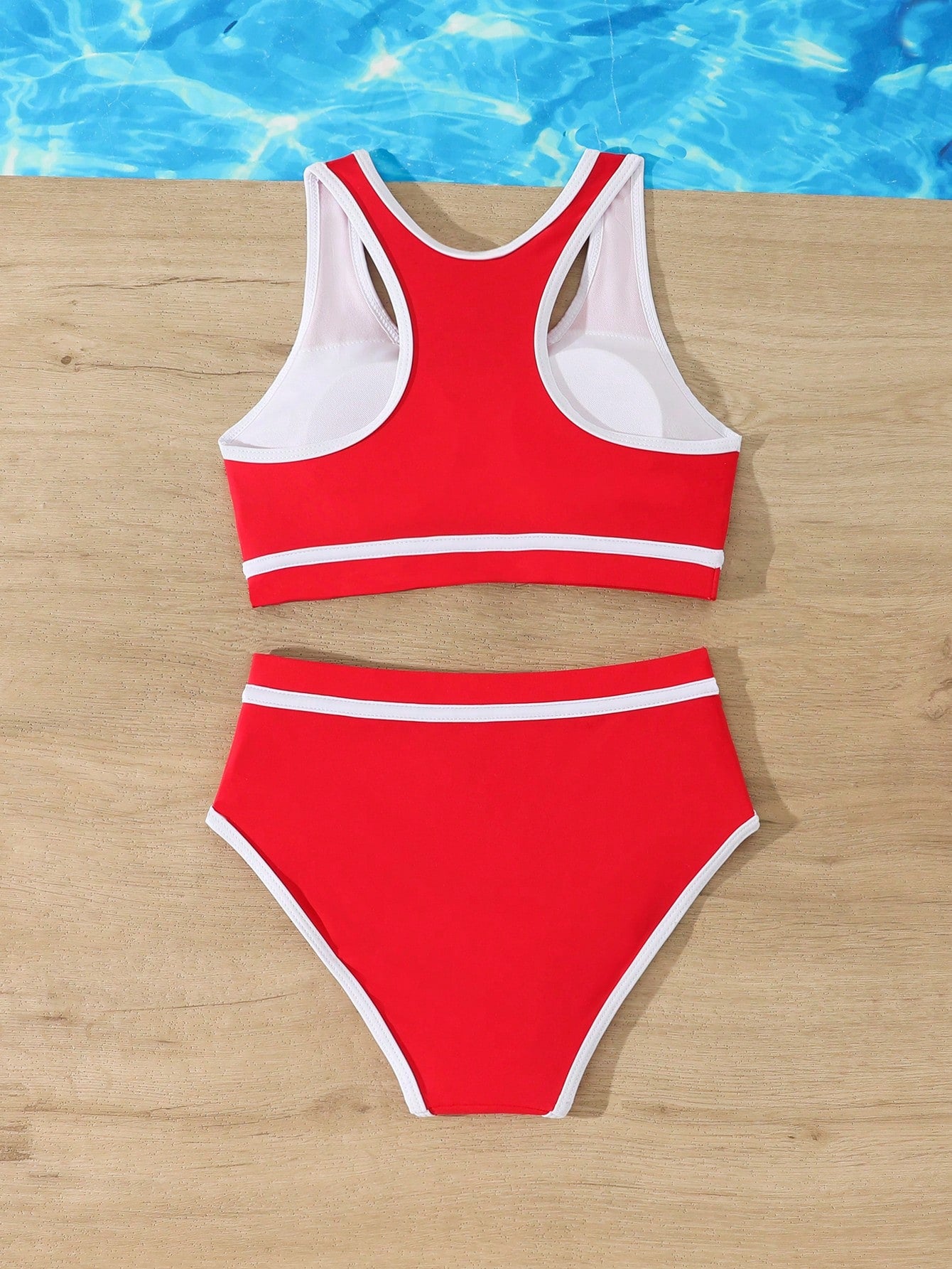 Tween Girl Blue White Striped Summer Beach Holiday Bikini Set,Contrast Trim Crisscross Back Casual Two-Piece Swimwear,High-Waisted Full Coverage,Red