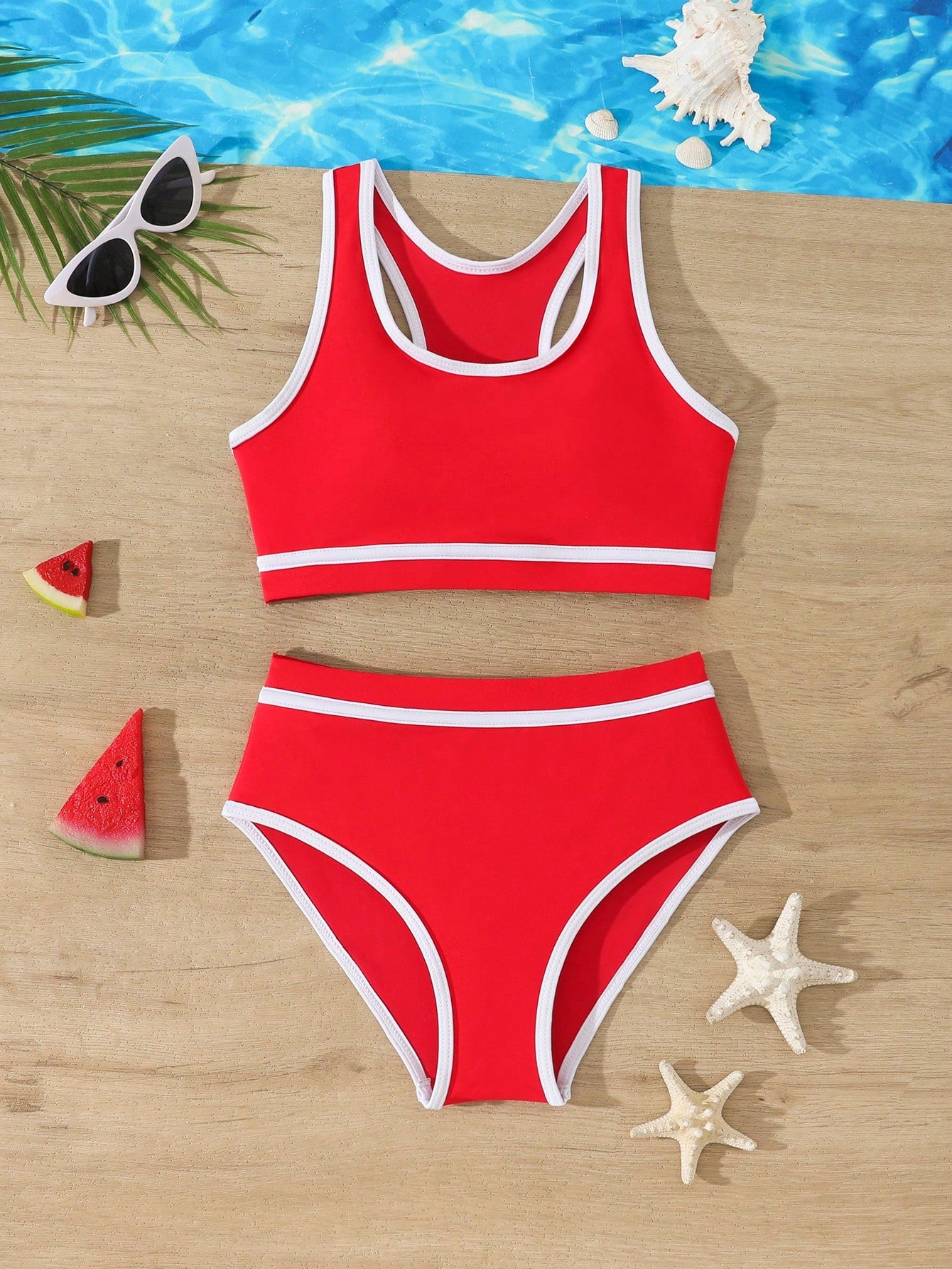 Tween Girl Blue White Striped Summer Beach Holiday Bikini Set,Contrast Trim Crisscross Back Casual Two-Piece Swimwear,High-Waisted Full Coverage,Red