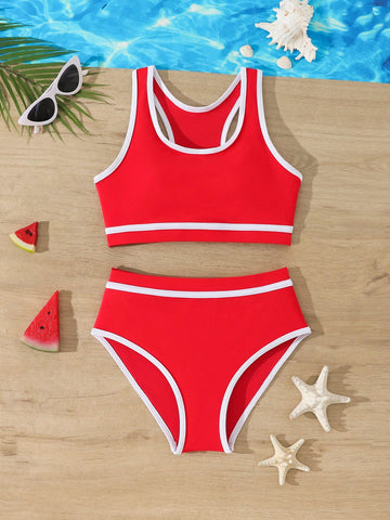 Tween Girl Blue White Striped Summer Beach Holiday Bikini Set,Contrast Trim Crisscross Back Casual Two-Piece Swimwear,High-Waisted Full Coverage,Red