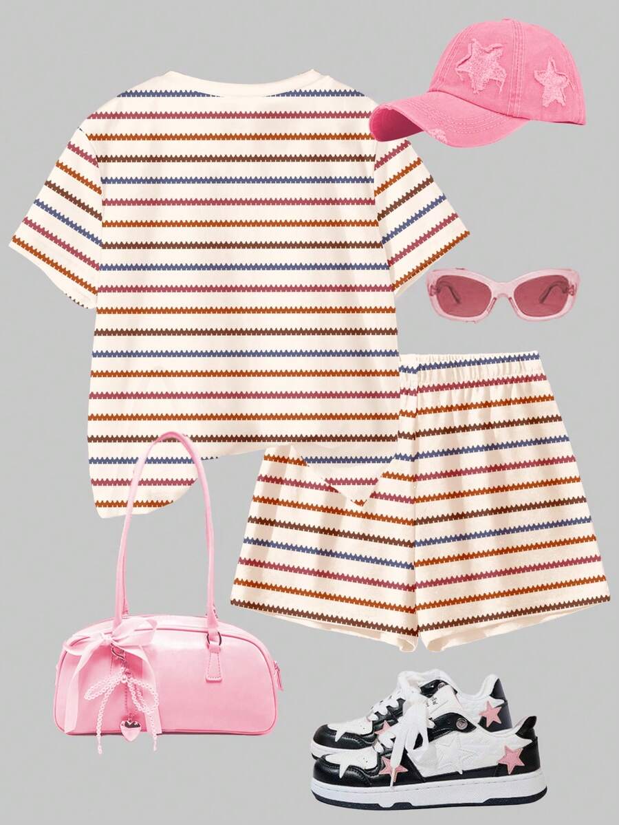 Tween girls multicolor tie-dye 2-piece outfit set featuring a drop-shoulder short-sleeve t-shirt and matching loose track shorts with side pockets.