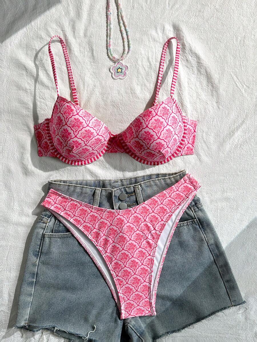 Multicolor plaid 2-piece bikini set for women featuring a push-up spaghetti strap top with removable padding, knot tie-back detail, and high-cut low-waist bikini bottoms.