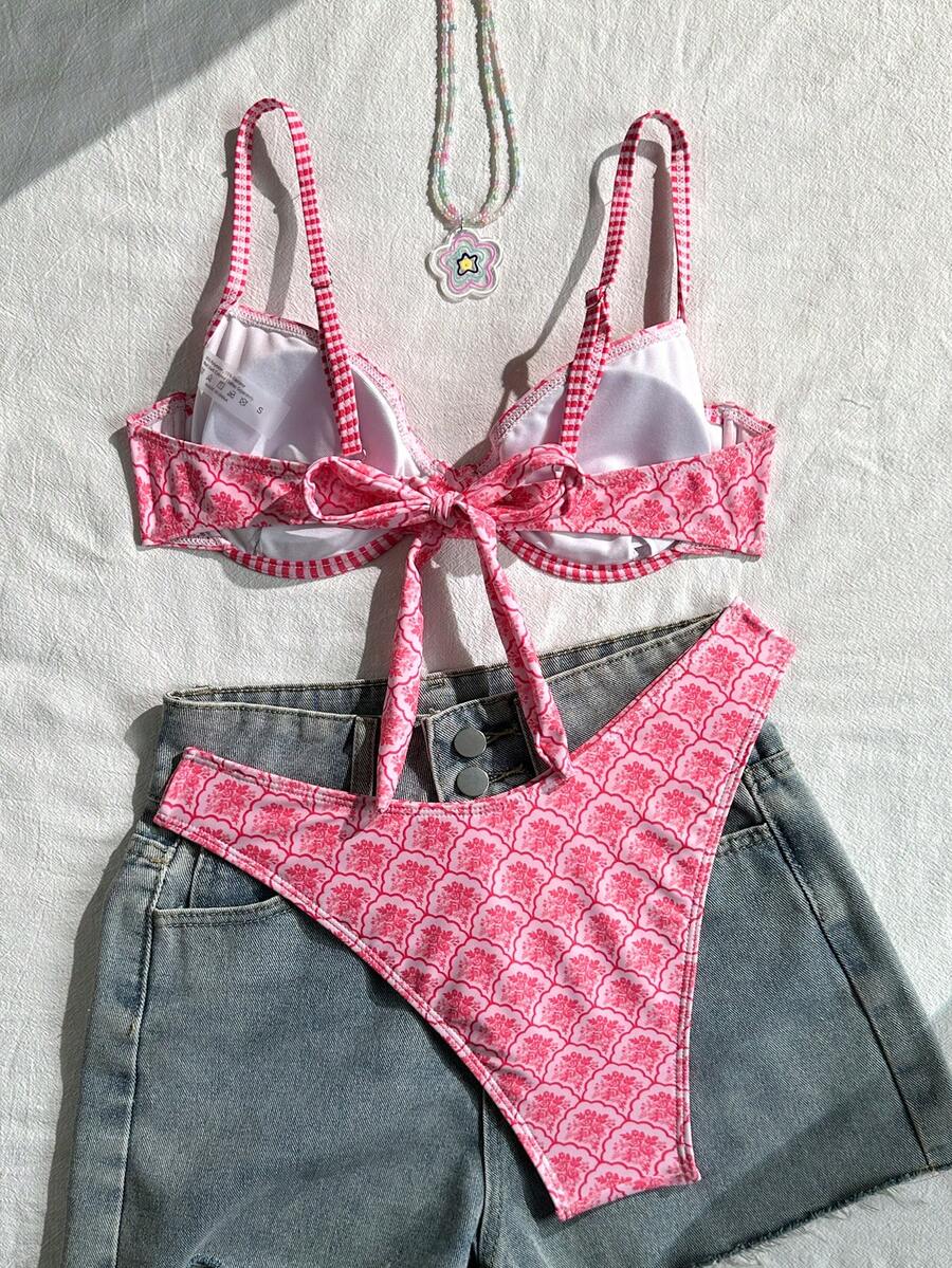 Multicolor plaid 2-piece bikini set for women featuring a push-up spaghetti strap top with removable padding, knot tie-back detail, and high-cut low-waist bikini bottoms.