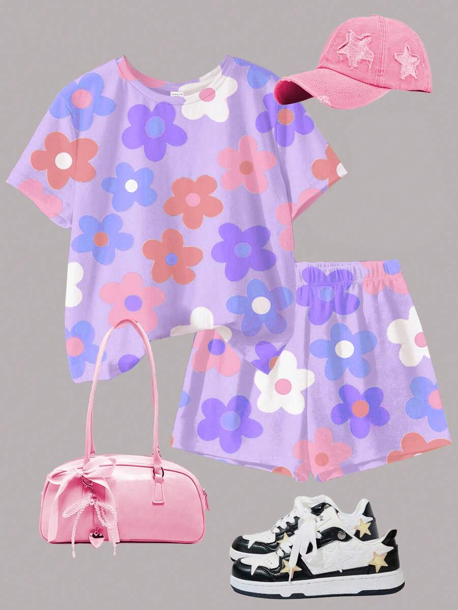 Tween girls multicolor tie-dye 2-piece outfit set featuring a drop-shoulder short-sleeve t-shirt and matching loose track shorts with side pockets.