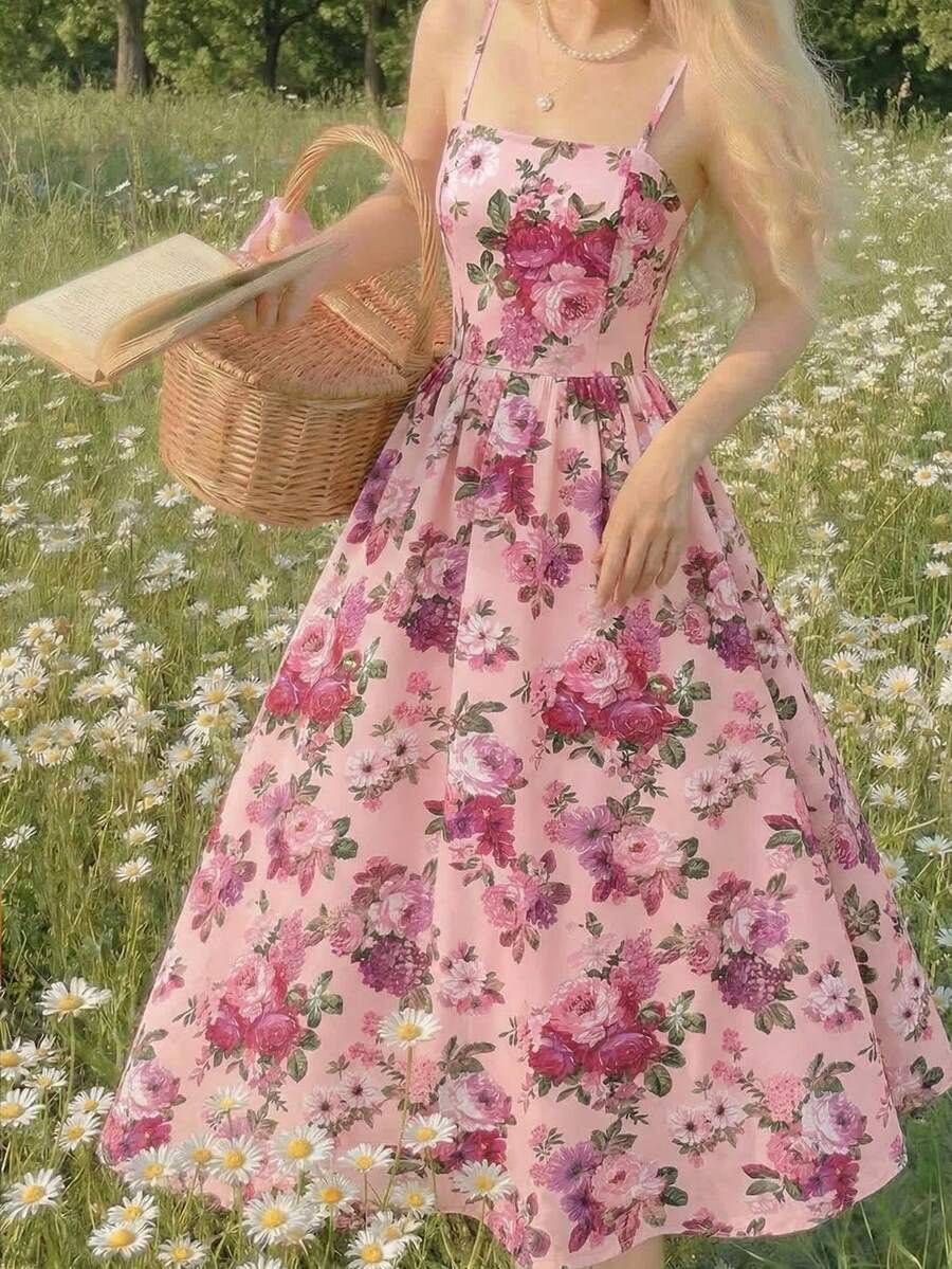 Tween girls apricot polka dot long cami dress with shoulder straps, high waist, and flared A-line skirt.