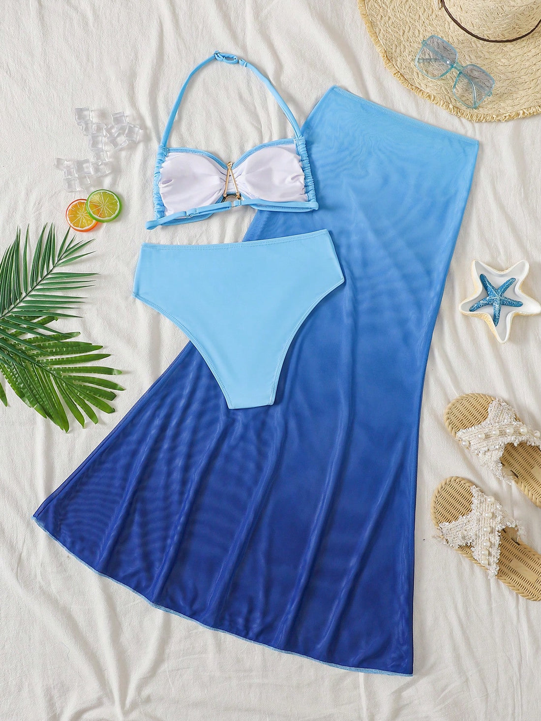 Tween Girl Knitted Blue Bikini Set With Beach-Ready Starfish Details Mermaid Outfit For Summer Vacation