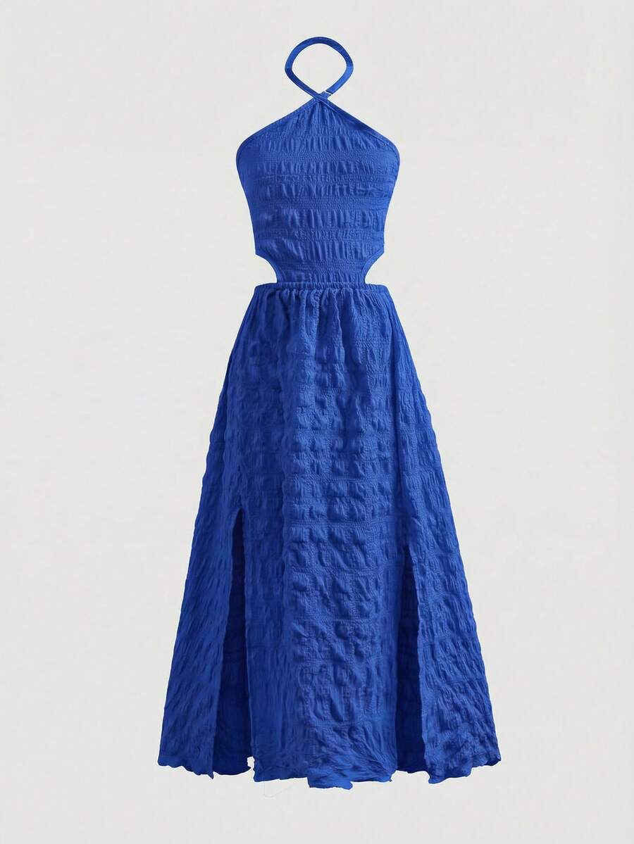 Tween girl yellow long halter dress with cutout waist, split detail, shirred textured fabric, sleeveless design, high waist, and flared hem for beach vacation wear.