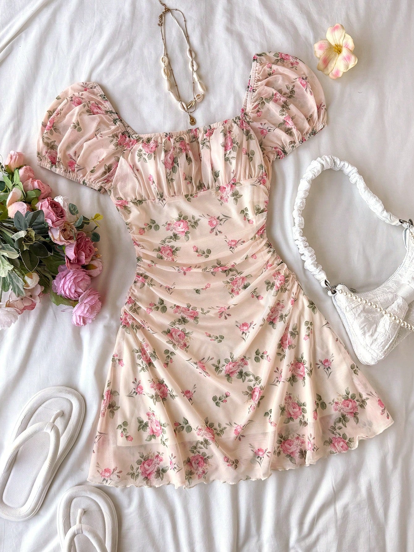 Teen girls red floral print A-line party dress featuring short puff sleeves, square neckline, ruched bust, and contrast lace details.