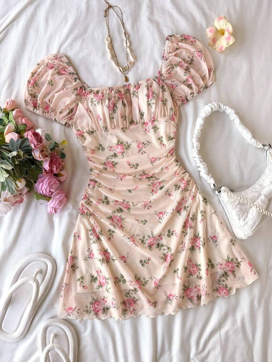 Teen girls red floral print A-line party dress featuring short puff sleeves, square neckline, ruched bust, and contrast lace details.