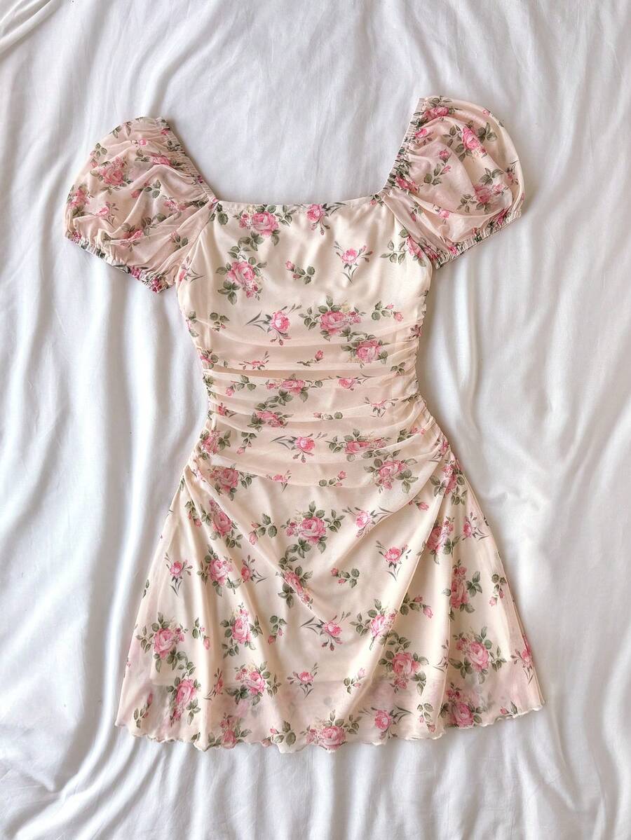 Teen girls red floral print A-line party dress featuring short puff sleeves, square neckline, ruched bust, and contrast lace details.