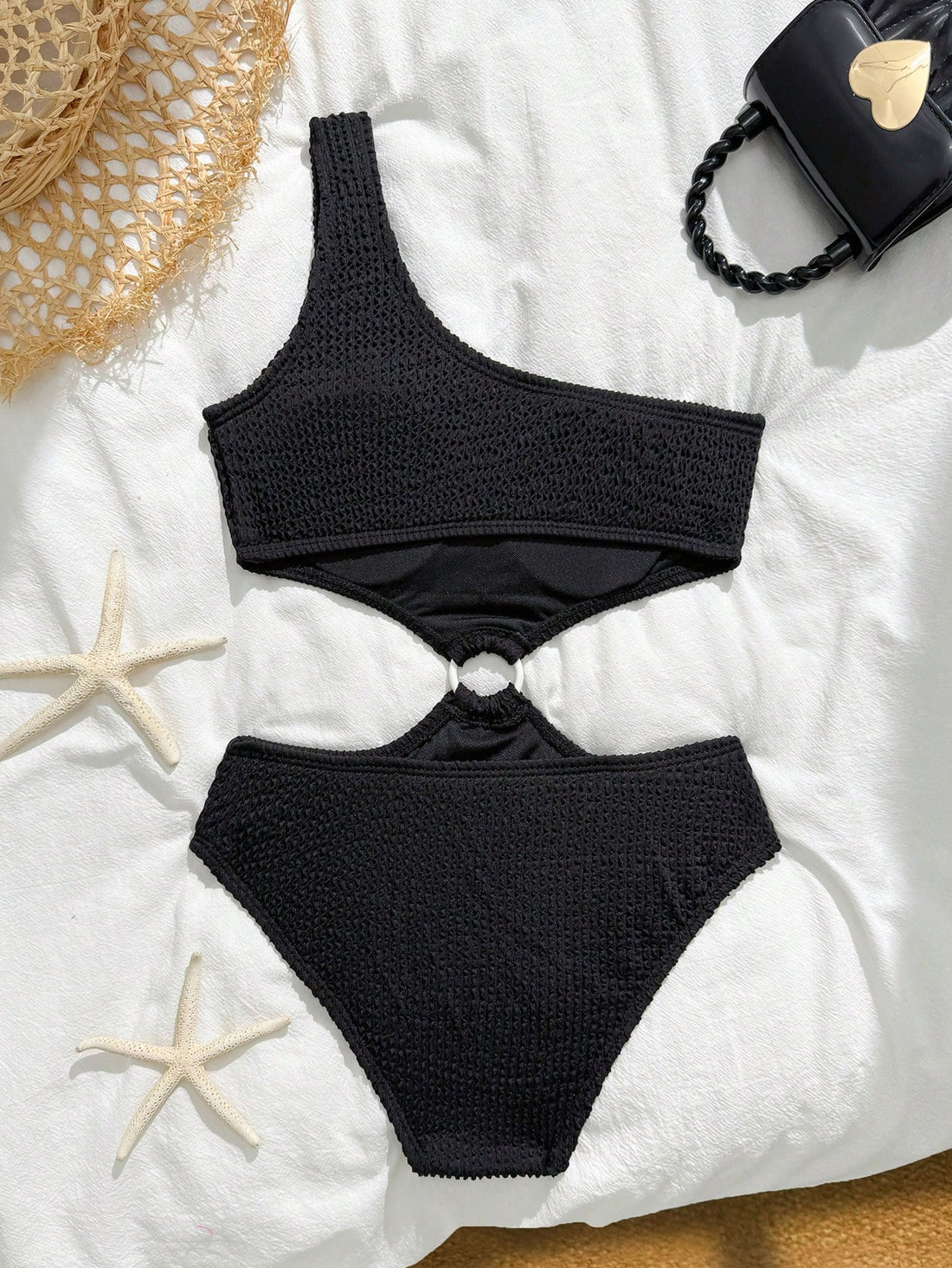 Mint blue tween girls one-piece swimsuit with asymmetrical neckline, cut-out detail, lined body, and high-stretch polyester blend fabric for vacation beachwear