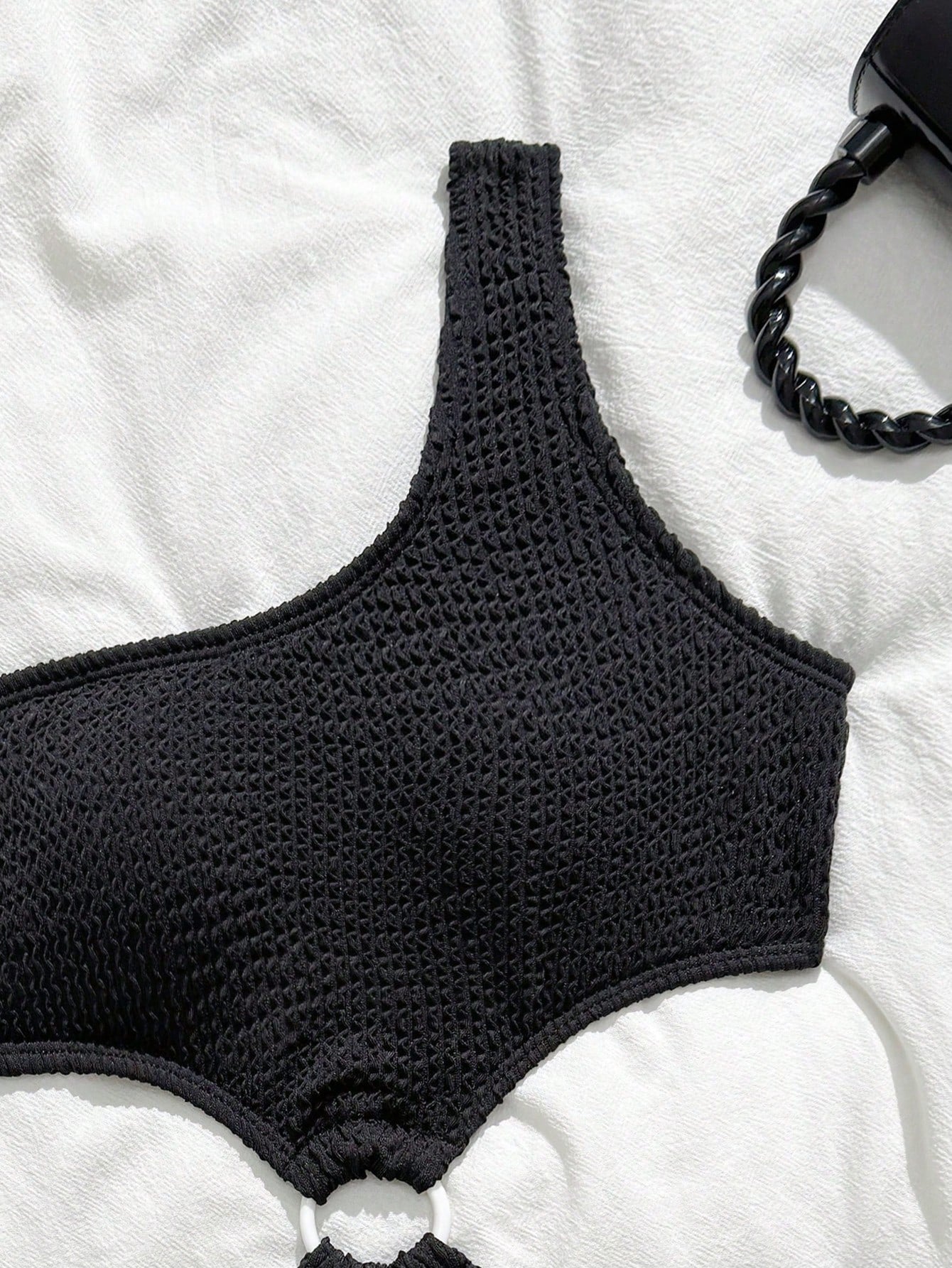 Black tween girls one-piece swimsuit with asymmetrical one-shoulder neckline, cut-out detail, fitted shape, and regular leg for beach, pool, and vacation wear.