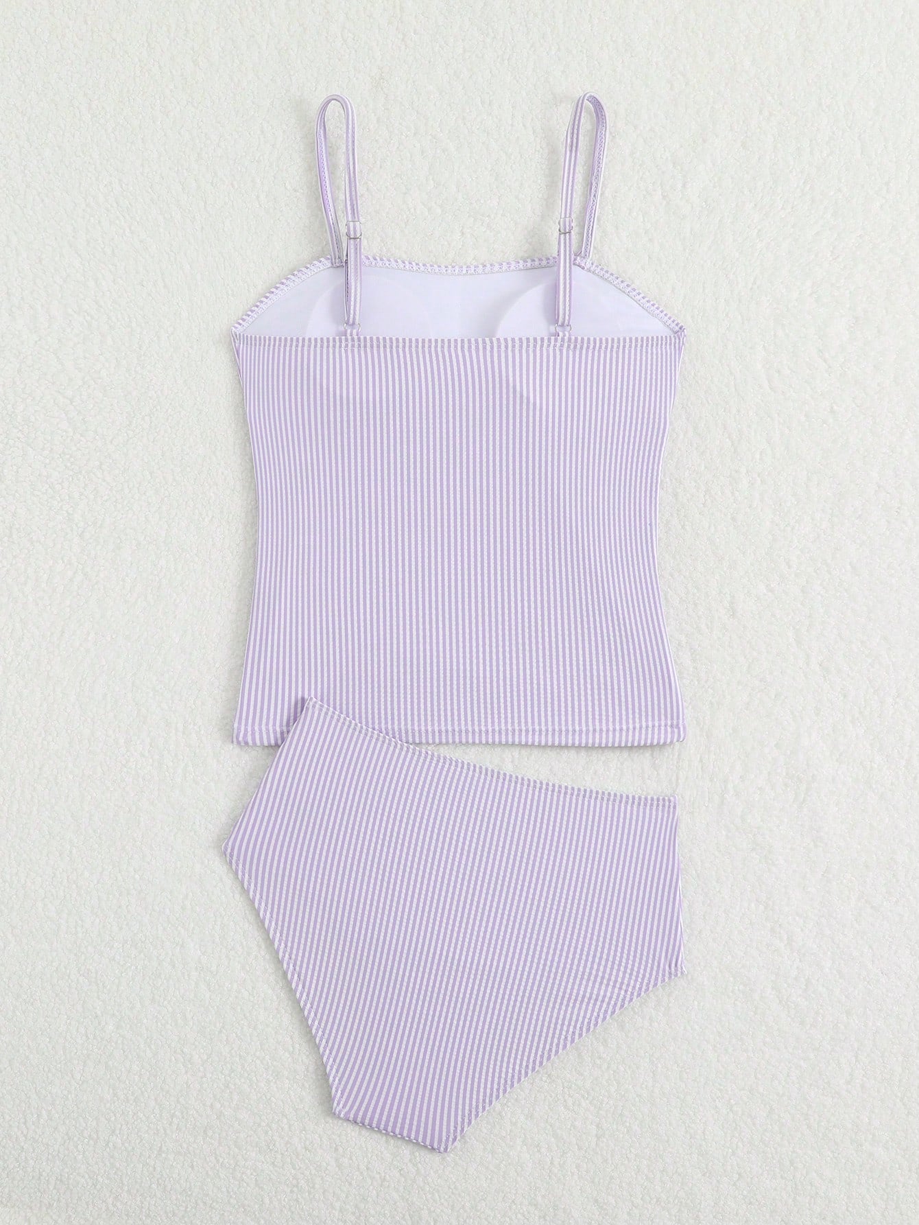 Tween Girl Striped Two Pieces Tankini Swimwear,Cute Orange And White Textured Ruched Design Cami Bathing Suit,Summer Beach Holiday Vacation Swimwear