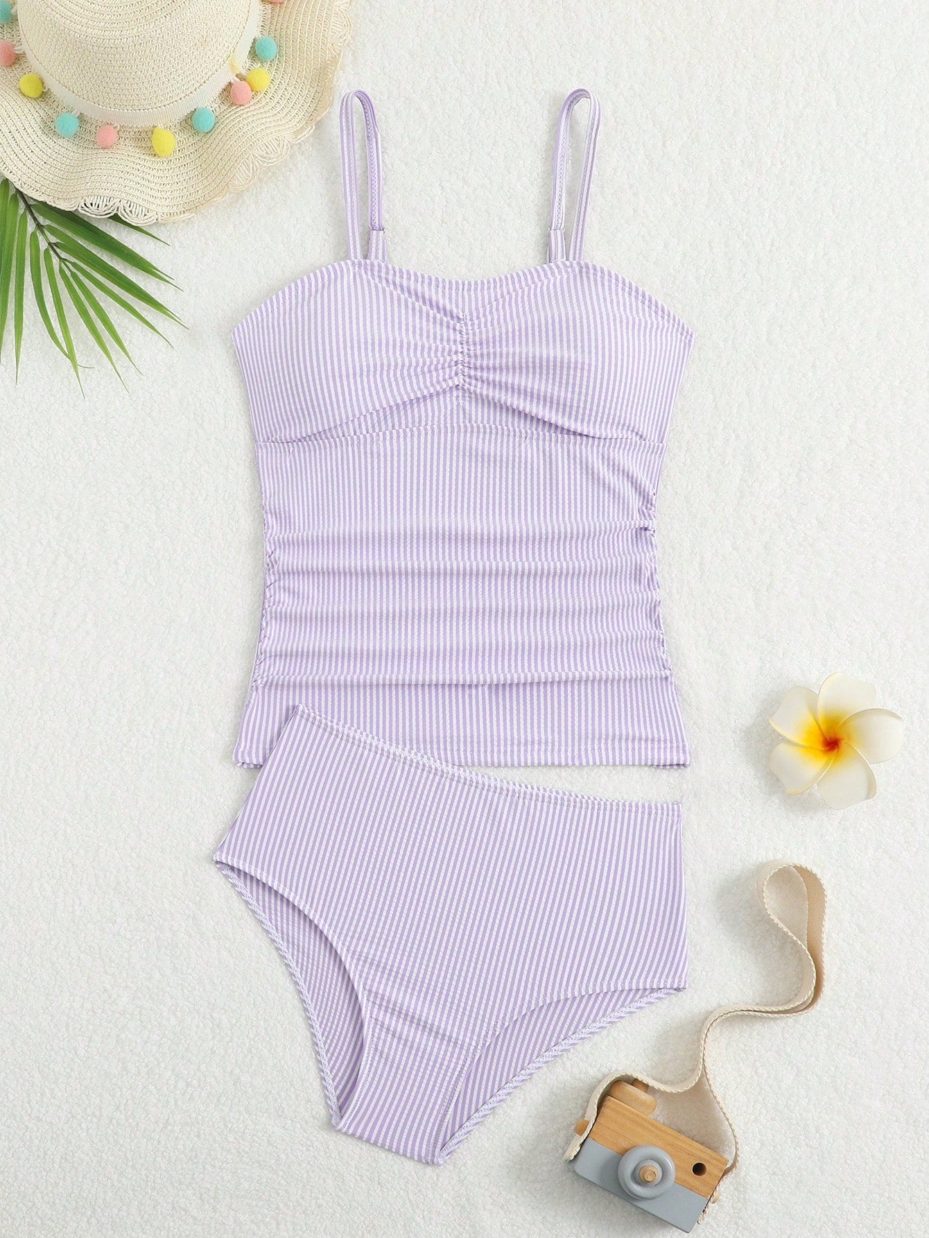 Tween Girl Striped Two Pieces Tankini Swimwear,Cute Orange And White Textured Ruched Design Cami Bathing Suit,Summer Beach Holiday Vacation Swimwear