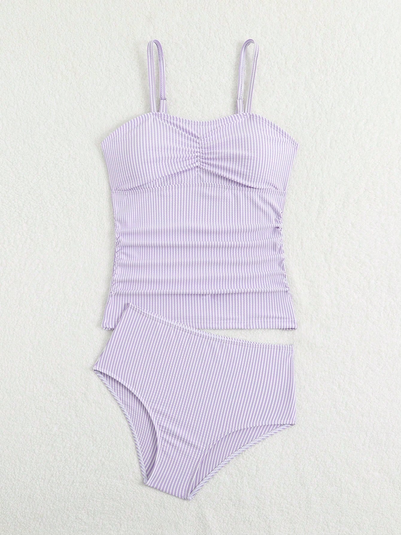 Tween Girl Striped Two Pieces Tankini Swimwear,Cute Orange And White Textured Ruched Design Cami Bathing Suit,Summer Beach Holiday Vacation Swimwear