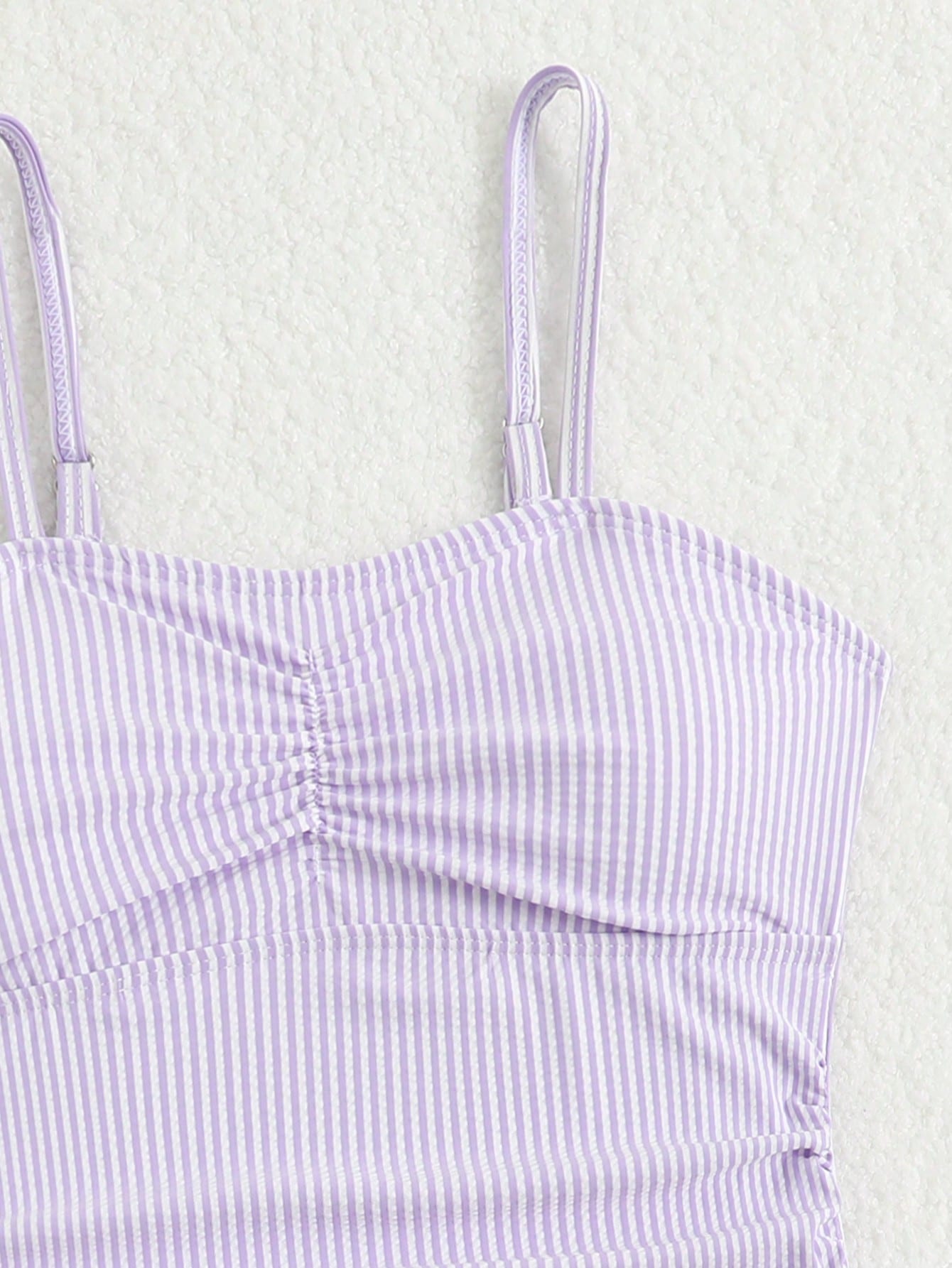 Tween Girl Striped Two Pieces Tankini Swimwear,Cute Orange And White Textured Ruched Design Cami Bathing Suit,Summer Beach Holiday Vacation Swimwear