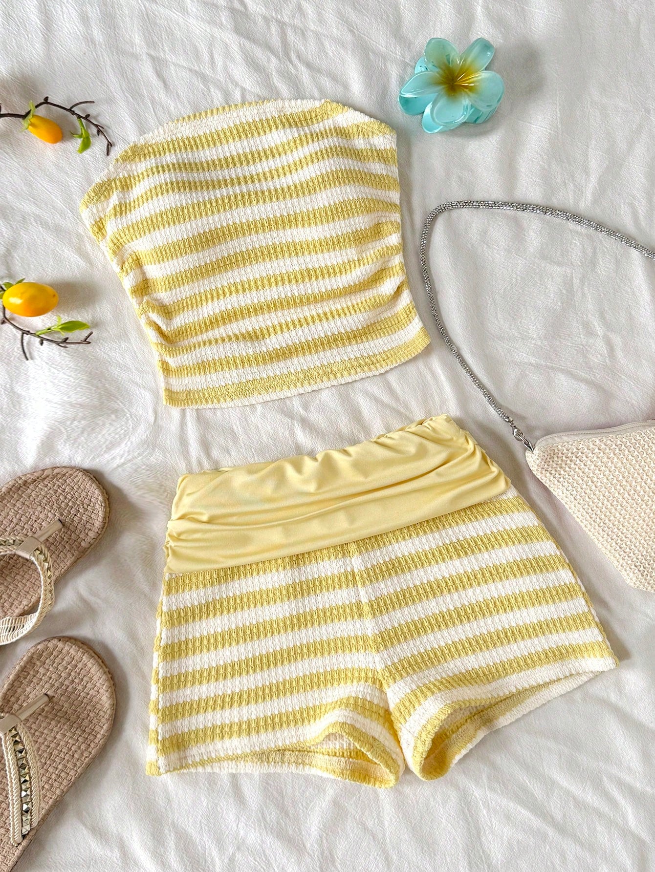 Black striped rib-knit halter tank top with lettuce trim and matching casual shorts for tween girls.