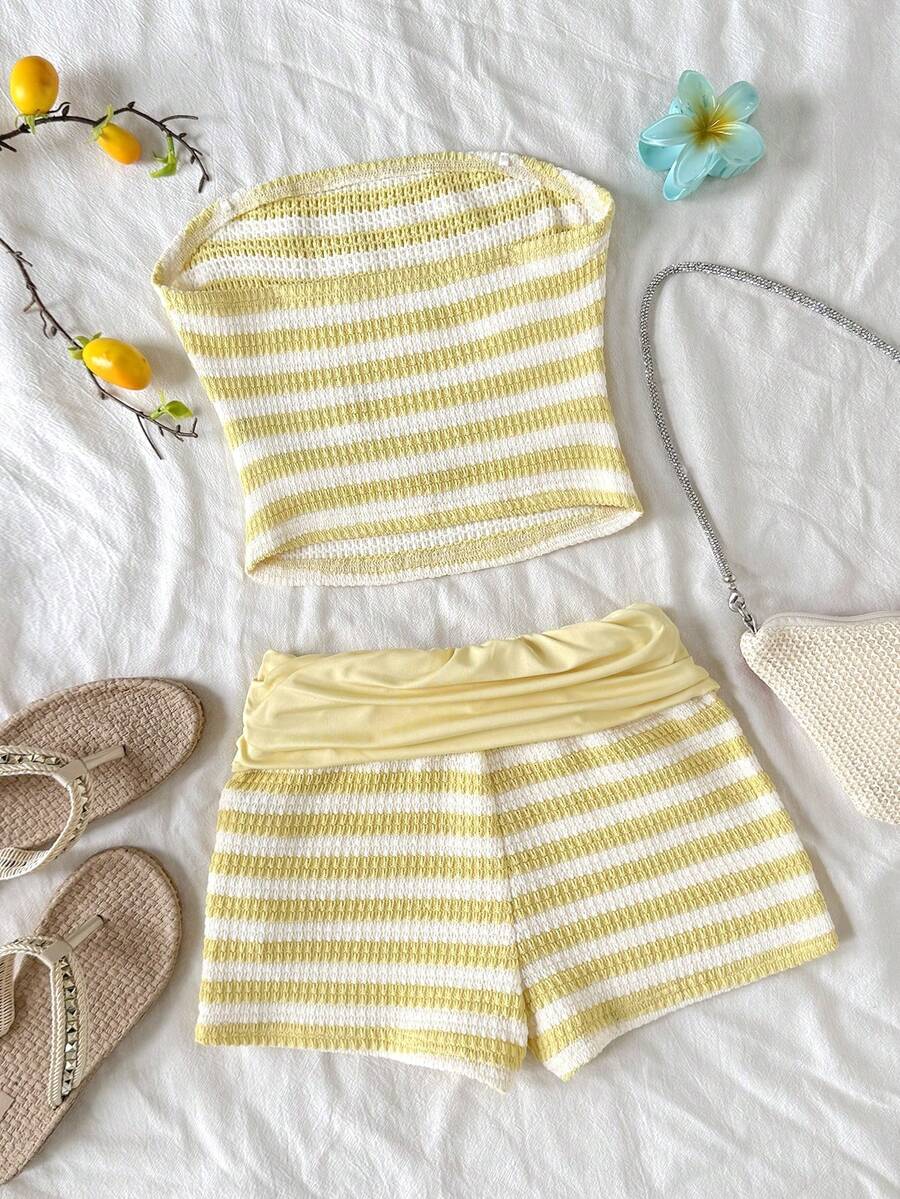 Black striped rib-knit halter tank top with lettuce trim and matching casual shorts for tween girls.