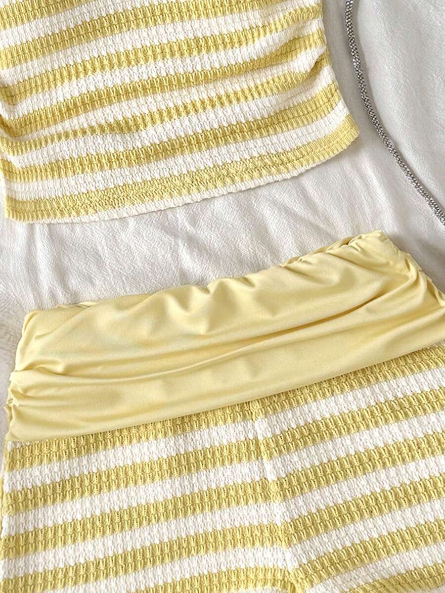 Black striped rib-knit halter tank top with lettuce trim and matching casual shorts for tween girls.