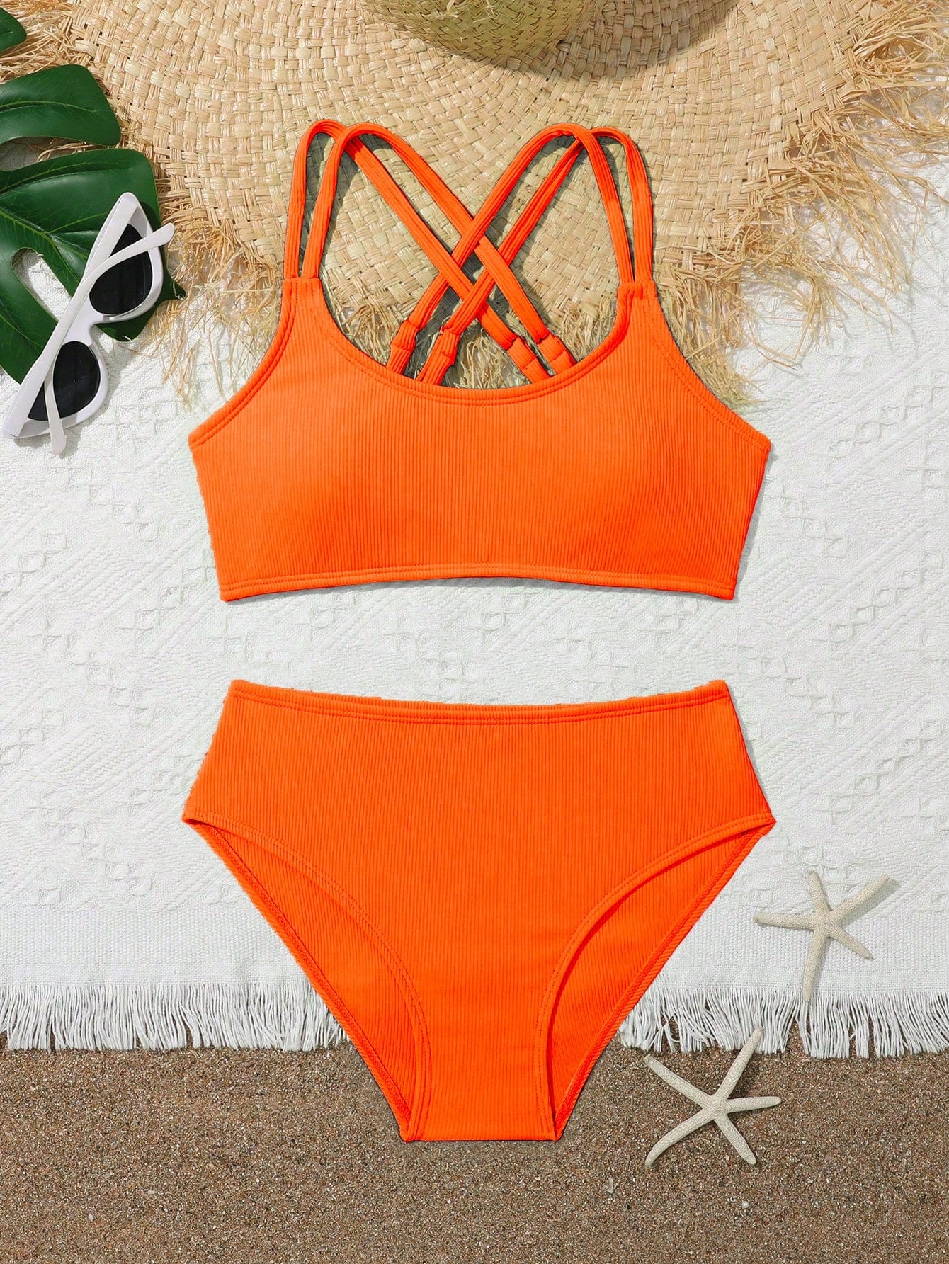 Tween Girls Bikini Sets Orange Summer Modest Activewear Beach Holiday,Knitted Ribbed Two Pieces Swimwear Crisscross Back Tank Top With Briefs Set