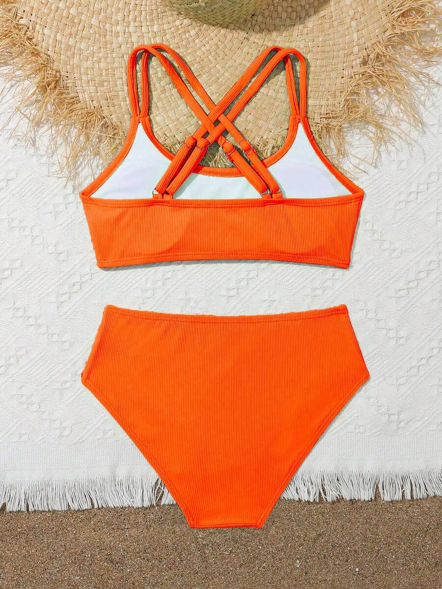 Tween Girls Bikini Sets Orange Summer Modest Activewear Beach Holiday,Knitted Ribbed Two Pieces Swimwear Crisscross Back Tank Top With Briefs Set
