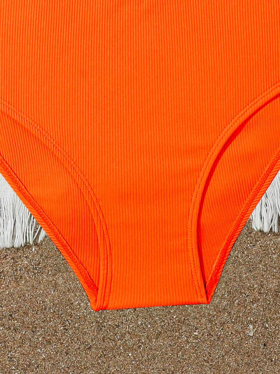 Tween Girls Bikini Sets Orange Summer Modest Activewear Beach Holiday,Knitted Ribbed Two Pieces Swimwear Crisscross Back Tank Top With Briefs Set